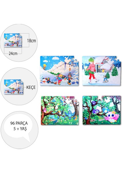 4 Set - 96 Parça Kış ve Baykuş 5+ Keçe Yapboz - 5 Yaş Puzzle T14 T17