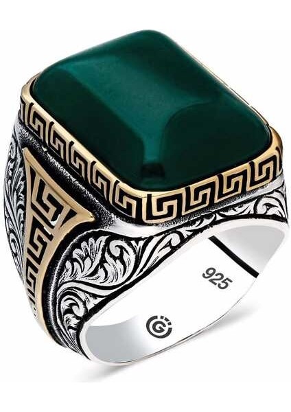 ​gümüş Yeşil Akik Taşlı Köşeli Erkek Yüzü