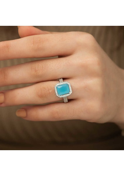 Gümüş Turkuaz Baget Kare Bayan Yüzük fiyatları