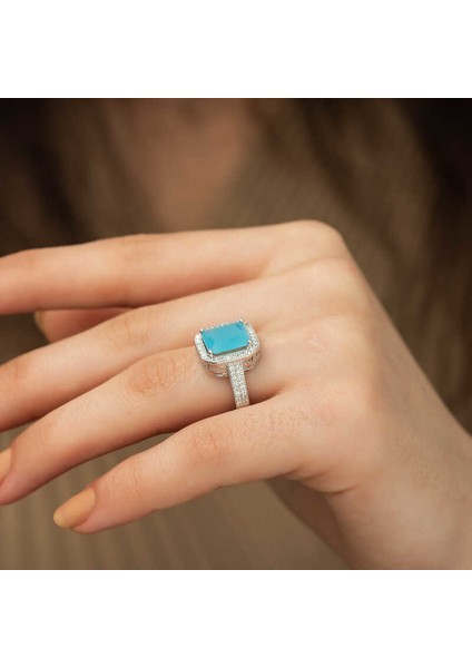 Gümüş Turkuaz Baget Kare Bayan Yüzük modelleri