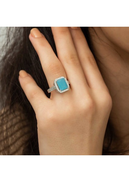 Gümüş Turkuaz Baget Kare Bayan Yüzük fırsatları