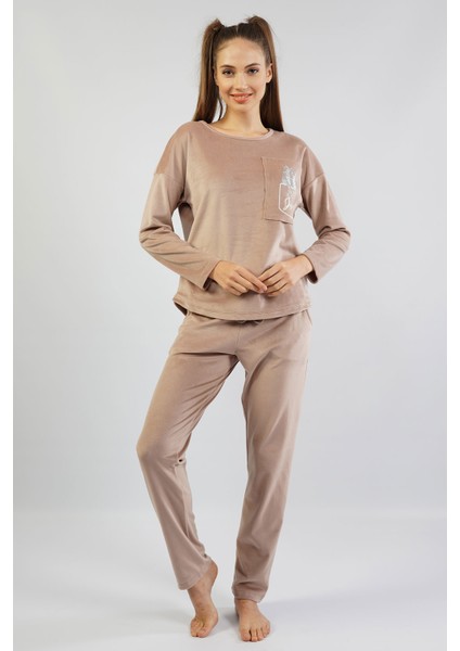 VİENETTA 105160-0000 BAYAN UZUN KOL KADİFE ESPRESSO PİJAMA TAKIMI