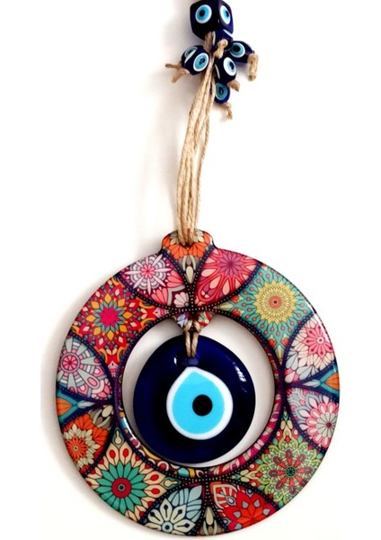 Simagift Ahşap Mandala Desenli Ortası Cam Nazar Boncuklu Kapı Duvar ve Bahçe Süsü