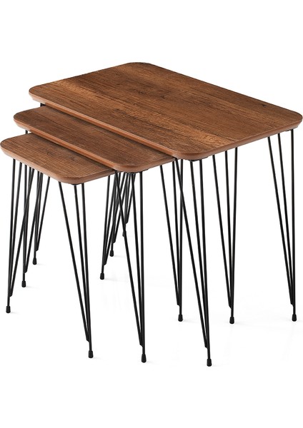 Ahşap Mdf 3 Lü Zigon Sehpa Metal Ayaklı Dikdörtgen Barok Ceviz