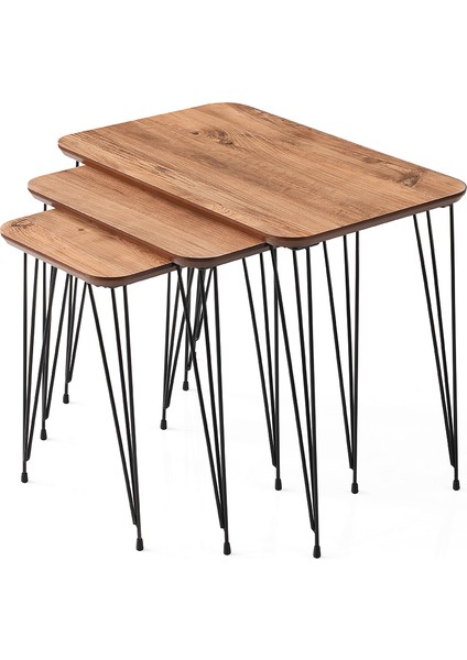 Ahşap Mdf 3 Lü Zigon Sehpa Metal Ayaklı Dikdörtgen Diş Budak