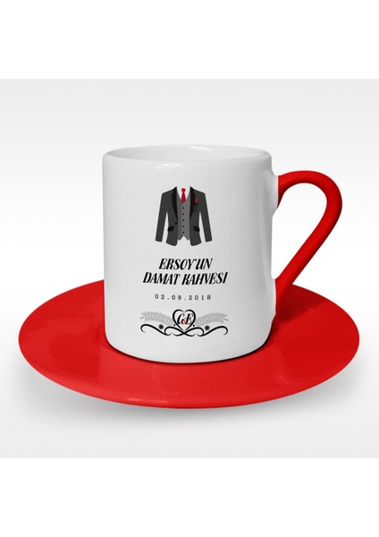 Kişiye Özel Damat Kahvesi Tasarımlı Kırmızı Türk Kahvesi Fincanı - 7