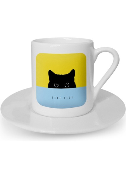 Kişiye Özel Black Kitty Tasarımlı Türk Kahvesi Fincanı - 1