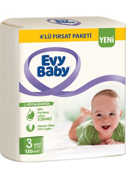 Evy Baby Bebek Bezi 3 Beden Midi 4'lü Fırsat Paketi 120 Adet (YENİ)