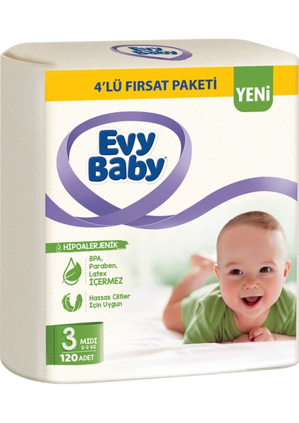 Evy Baby Bebek Bezi 3 Beden Midi 4'lü Fırsat Paketi 120 Adet (YENİ)