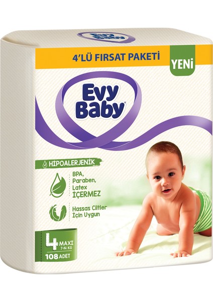 Evy Baby Bebek Bezi 4 Beden Maxi 4'lü Fırsat Paketi 108 Adet (YENİ)