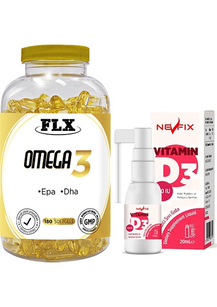 Omega 3 180 Softgel Nevfix Vitamin D3 Sıvı 20 ml