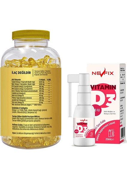 Omega 3-6-9 180 Tablet Nevfix Vitamin D3 Sıvı 20 ml