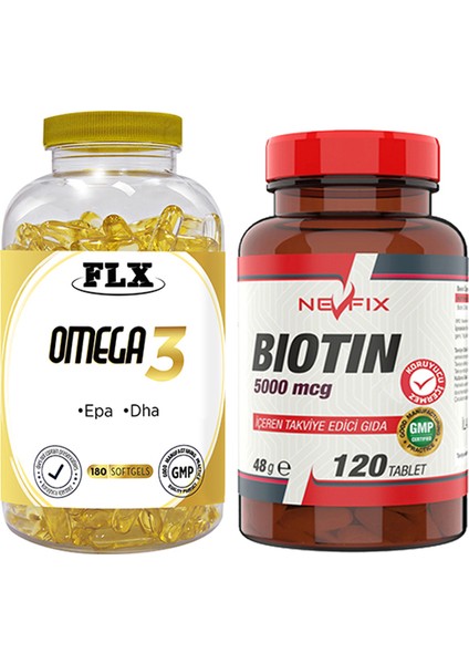 Omega 3 Balık Yağı 180 Softgel Nevfix Biotin 5000 Mcg 120 Tablet