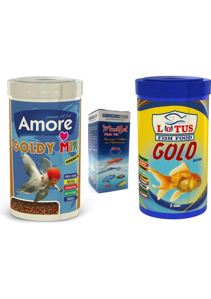 Goldy Mix Granules 1000 ml + Lotus Gold Natural 1000 ml Japon Balık Yemi + Fishvit Vitamin