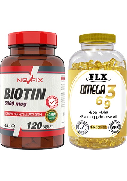 Nevfix Biotin 5000 Mcg 120 Tablet & Flx Omega 3-6-9 90 Tablet
