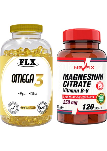 Omega 3 Balık Yağı 180 Softgel Nevfix Magnesıum Cıtrate Vitamin B-6 120 Tablet
