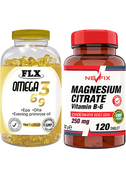 Omega 3-6-9 Balık Yağı 180 Softgel Nevfix Magnesıum Cıtrate Vitamin B-6 120 Tablet