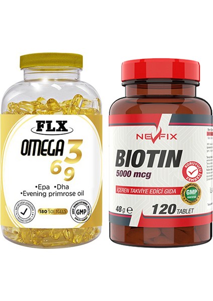 Omega 3-6-9 Balık Yağı 180 Softgel & Nevfix Biotin 5000 Mcg 120 Tablet