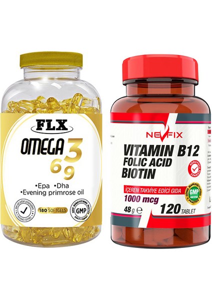 Omega 3-6-9 Balık Yağı 180 Softgel & Nevfix Vitamin B12 1000 Mcg 120 Tablet