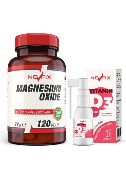 Magnesium Oxide Magnezyum 250 Mg 120 Tablet + Nevfix Vitamin D3 400 Iu 20 ml Sprey