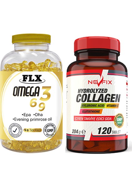 Omega 3-6-9 Balık Yağı 90 Softgel & Nevfix Collagen Glutation Hyaluronic Vitamin C 120 Tablet