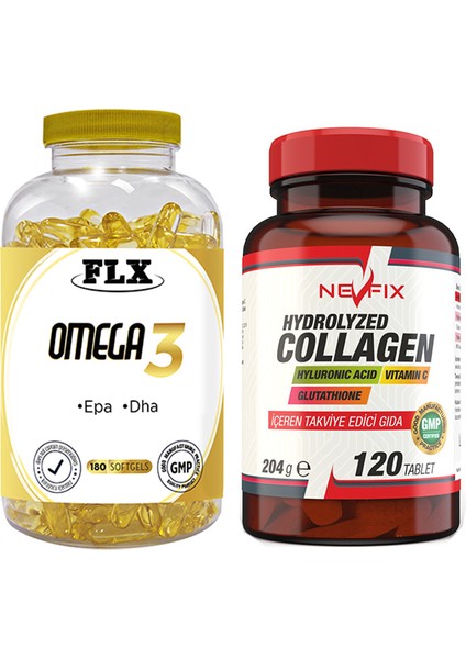 Flx Omega 3 Balık Yağı 180 Softgel Nevfix Collagen Glutation Hyaluronic Acid Vitamin C 120 Tablet