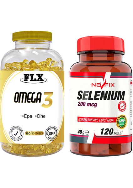 Omega 3 Balık Yağı 180 Softgel Nevfix Selenyum 200 Mcg 120 Tablet