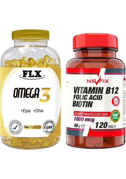 Omega 3 Balık Yağı 180 Softgel Nevfix Vitamin B12 1000 Mcg 120 Tablet