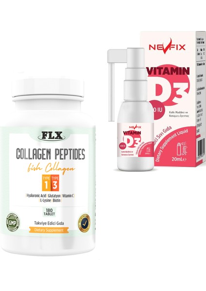 Collagen Peptıdes Type 1-3 1000 Mg 180 Tablet + Nevfix Vitamin D3 400 Iu 20 ml Sprey