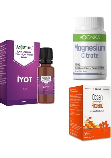 Iyot Takviyesi 25 ml + Magnezyum Citrate 62 Tablet + Picozinc(Çinko Pikolinat) 30 Tablet