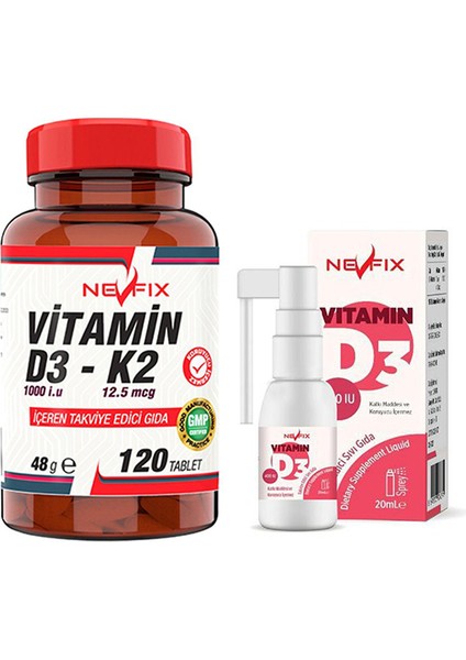 Vitamin D3-K2 120 Tablet & Nevfix Vitamin D3 Sıvı Sprey