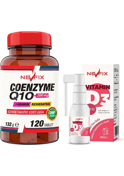 Coenzyme Q10 200 Mg Koenzim Resveratrol Q10 Karamuk 120 + Nevfix Vitamin D3 400 Iu 20 ml Sprey