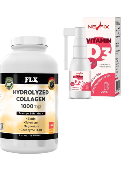 Collagen Coenzyme Selenium Biotin Magnesium 300 Tablet + Nevfix Vitamin D3 400 Iu 20 ml Sprey