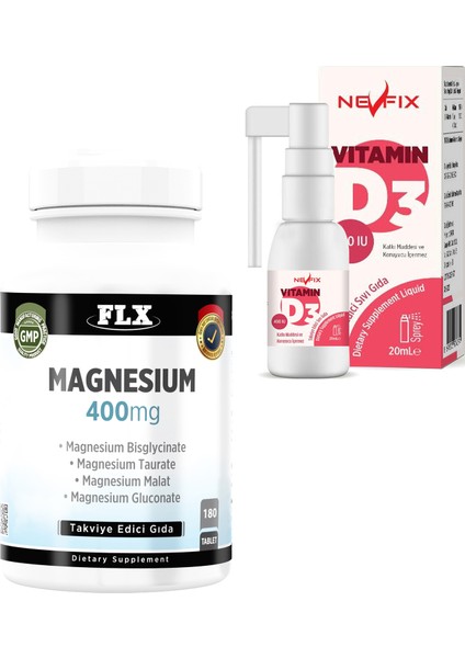 Magnesium Elementleri 180 Tablet Nevfix Vitamin D3 400 Iu 20 ml