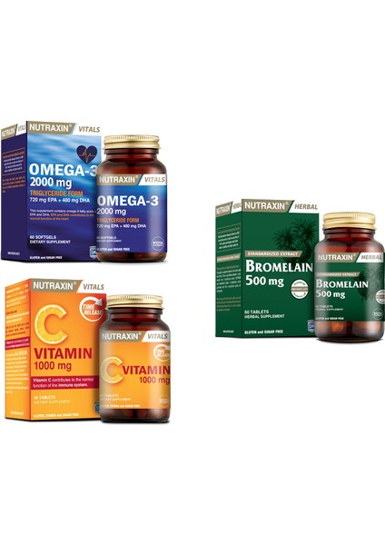 Omega 3 Balık Yağı 2000 Mg 60 Kapsül + Bromelain 60 Kapsül + C Vitamini 1000 Mg 30 Tablet