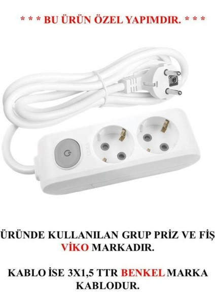 2'li Anahtarlı Topraklı Çocuk Korumalı Grup Priz 8 Metre