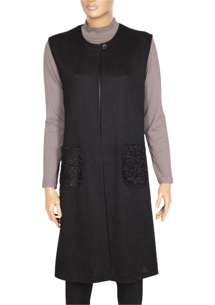 Kadın Naz Şönil Cep Kombinli Siyah Yelek