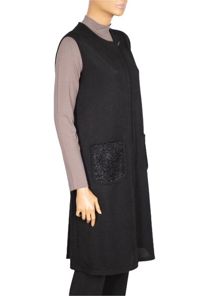 Kadın Naz Şönil Cep Kombinli Siyah Yelek modelleri