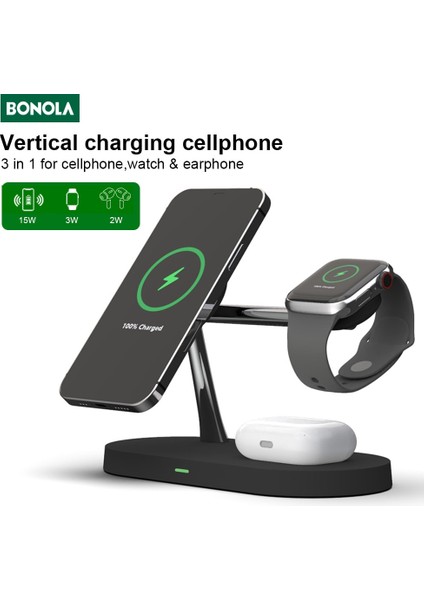 3 In 1 Manyetik Kablosuz Şarj iPhone Uyumlu Airpods- Siyah