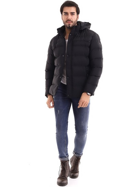 Erkek Kapüşonlu Siyah Su ve Rüzgar Geçirmez Regular Şişme Kaban&mont