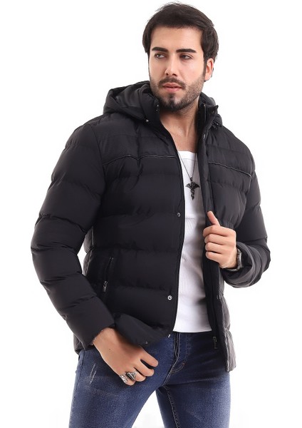 Erkek Kapüşonlu Siyah Su ve Rüzgar Geçirmez Regular Şişme Kaban&mont fiyatları