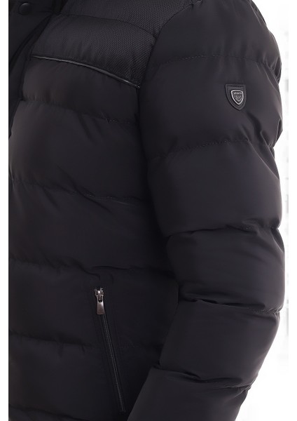 Erkek Kapüşonlu Siyah Su ve Rüzgar Geçirmez Regular Şişme Kaban&mont fırsatları