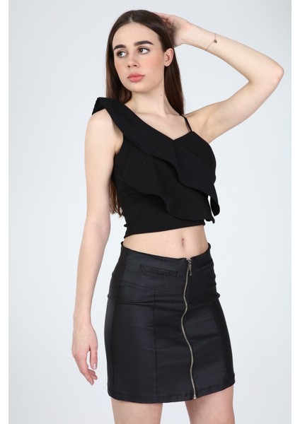 Collection Kadın Siyah Tek Omuzu Ayarlanabilir Askılı Fırfırlı Crop Bluz fiyatları