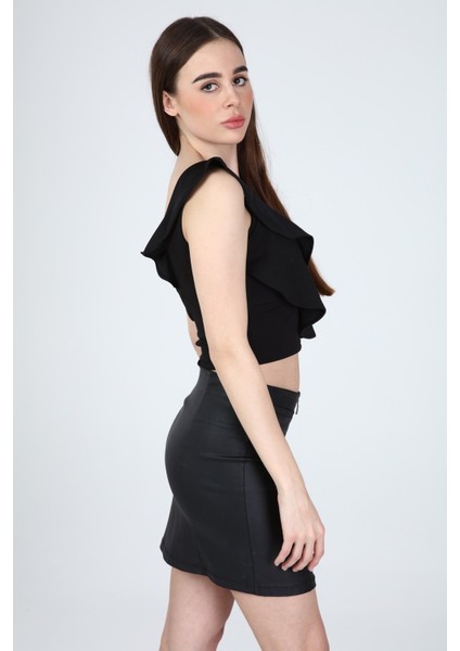 Collection Kadın Siyah Tek Omuzu Ayarlanabilir Askılı Fırfırlı Crop Bluz modelleri