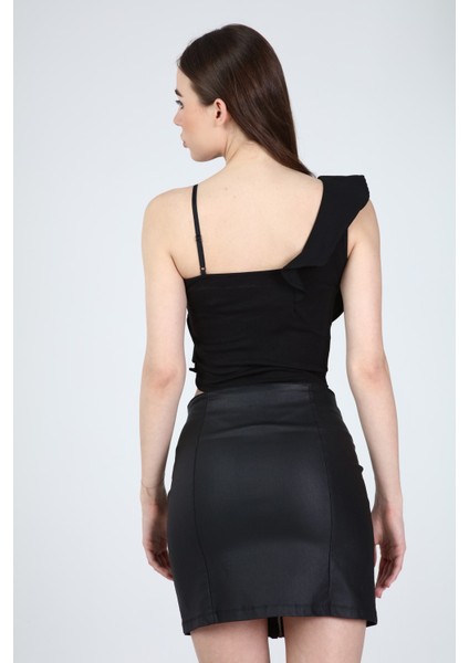 Collection Kadın Siyah Tek Omuzu Ayarlanabilir Askılı Fırfırlı Crop Bluz fırsatları