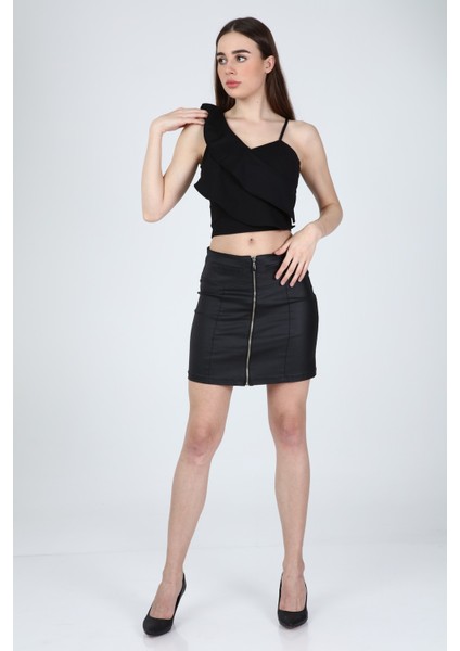 Collection Kadın Siyah Tek Omuzu Ayarlanabilir Askılı Fırfırlı Crop Bluz indirimleri