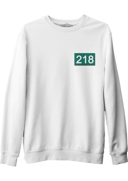 Llord T-Shirt Llordd T-Shirt Squid Game - 218 Göğüs Logo Beyaz Erkek Kalın SweaT-Shirt