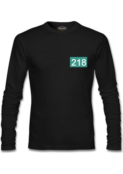 Llord T-Shirt Llordd T-Shirt Squid Game-Number 218 Göğüs Logo Siyah Erkek SweaT-Shirt