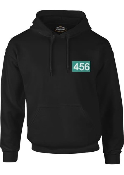 Llord T-Shirt Llordd T-Shirt Squid Game-Number 456 Göğüs Logo Siyah Erkek Fermuarsız Kapüşonlu