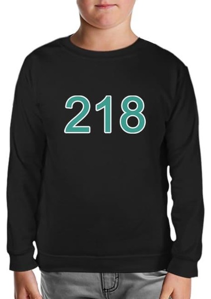 Llord T-Shirt Llordd T-Shirt Squid Game-Number 218 Siyah Çocuk SweaT-Shirt